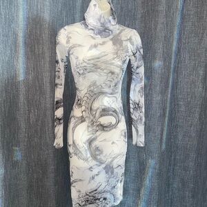 Fashion Nova White and Gray Dragon Print Dress